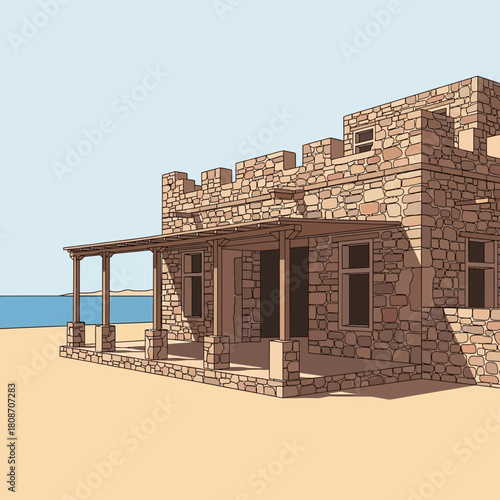 Stylized Illustration of a Coastal Stone Building with Architectural Details