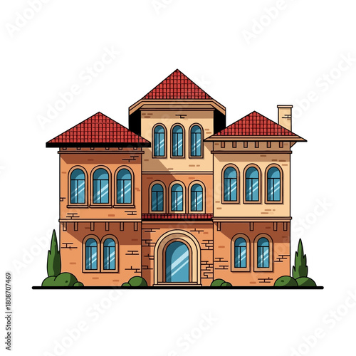 Stylized residential building illustration with red tile roof design