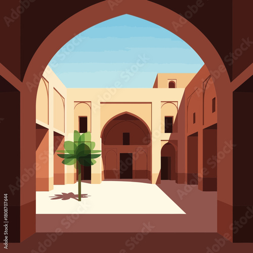Tranquil courtyard illustration evoking ancient architecture charm and serenity