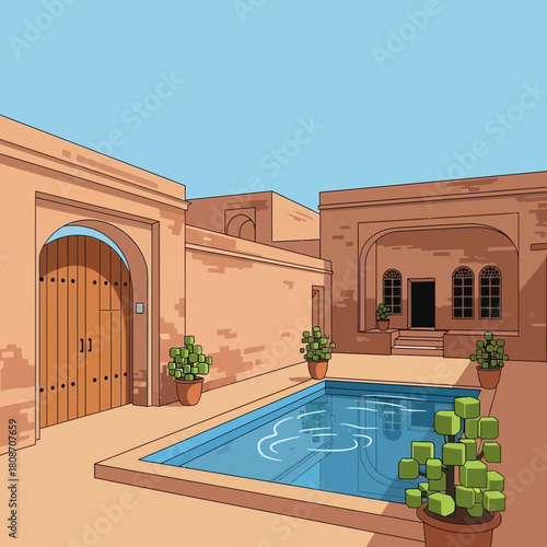 Tranquil courtyard oasis with geometric flora and sandstone architecture