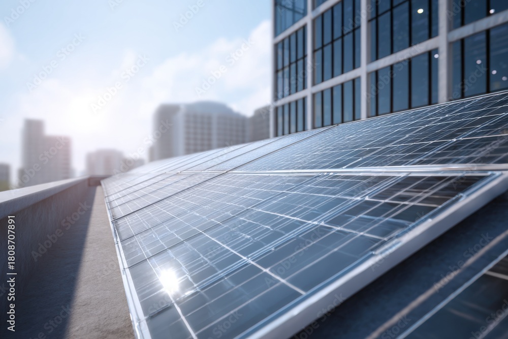 Fototapeta premium Solar panels installed on the rooftop of a modern building showcasing energy efficiency in an urban setting during a sunny day