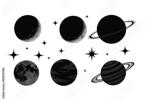 Black and white celestial vector set featuring moon phases, Saturn, planets, and stars for astrology and mystical design projects.