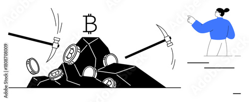 Mining tools breaking rocks with embedded Bitcoin coins, person pointing in direction. Ideal for finance, cryptocurrency, blockchain, digital investments, economy, data mining fintech. Simple flat