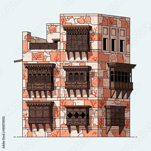 Architectural Illustration of a Traditional Building with Ornate Balconies