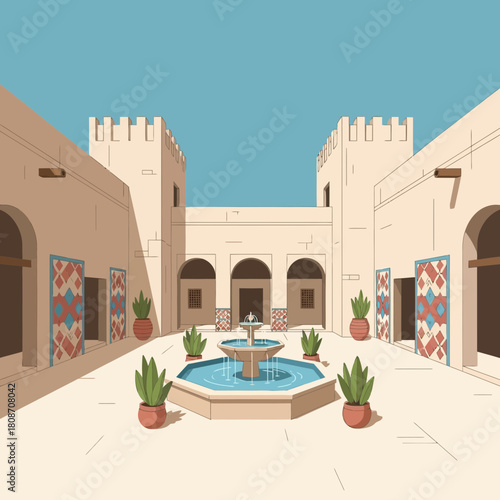 Architectural illustration of an Arabian courtyard with fountain oasis view