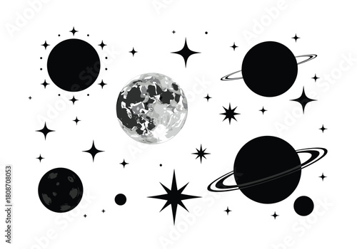 Vector collection of black celestial icons featuring sun moon Saturn and stars for astrology and space themes.