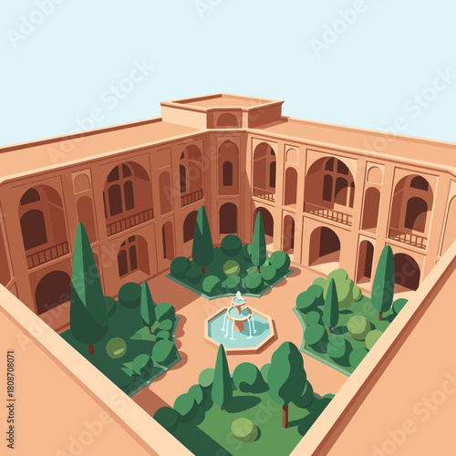 Architectural serenity, classical building with central garden and courtyard