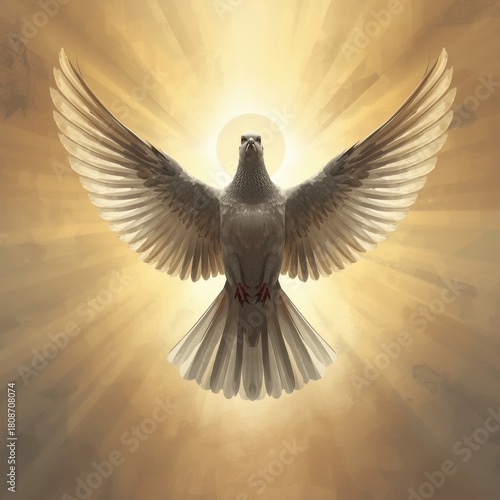 Symbolic dove of peace ascending with radiant light
