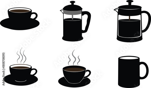 Vector collection of black coffee silhouettes featuring cups mugs and french presses for cafe menu and breakfast design.