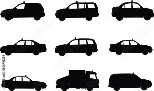 Vector set of black emergency vehicle silhouettes with orange sirens featuring cars and vans for transportation design.