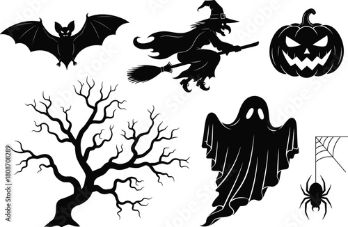 Vector set of black Halloween silhouettes featuring witch bat pumpkin ghost spider and dead tree for spooky holiday design.