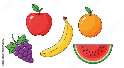 Fresh Fruit Assortment: A vibrant selection of fresh fruits, showcasing an apple, banana, orange, grapes, and watermelon. This image celebrates the natural sweetness and wholesome goodness of fruits.