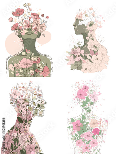 Soft artistic illustration of human silhouettes filled with blooming flowers and leaves. Elegant botanical artwork symbolizing growth, nature, femininity, and emotional expression.