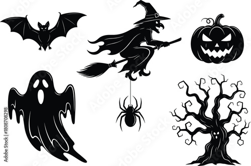 Vector set of black Halloween silhouettes featuring witch ghost pumpkin bat and spooky tree for scary holiday design projects.