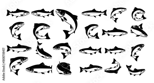 Collection of leaping salmon fish silhouettes in various dynamic