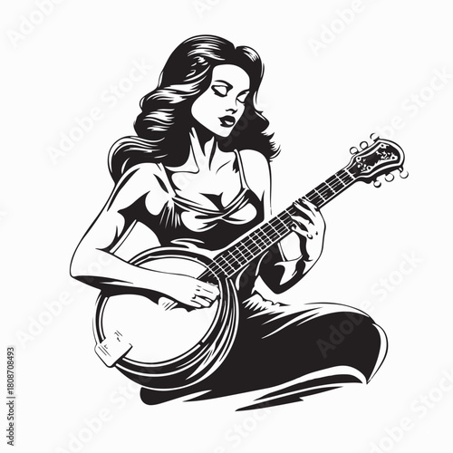 Woman Enjoying Music with Banjo Vector isolated on white background