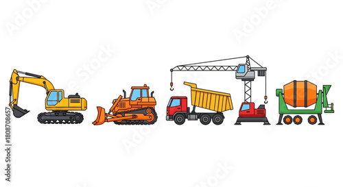 Construction Equipment Lineup: A vibrant illustration showcasing an array of construction machinery, ready for any project.