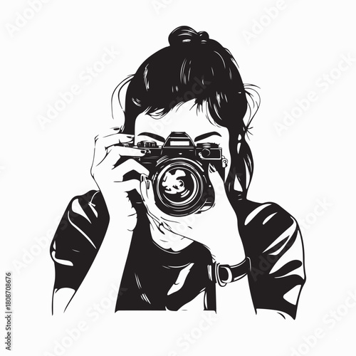 Woman Capturing Moments with Digital Camera Vector