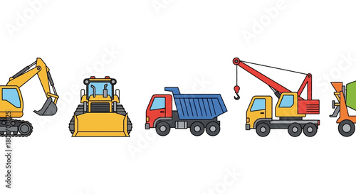 Construction Vehicles at Work: a vibrant illustration showcasing various construction vehicles like excavators, bulldozers, trucks, cranes, and concrete mixers.