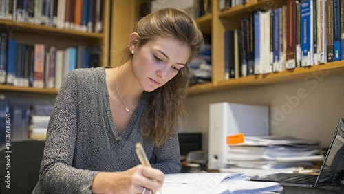 Young woman studies and writes in library surrounded by books generative ai