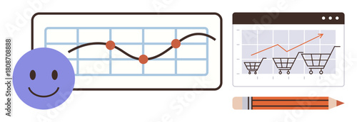Smile icon with data charts, sales graphs, shopping carts, and pencil. Ideal for business, marketing, analytics, strategy sales retail planning representation. Simple flat metaphor
