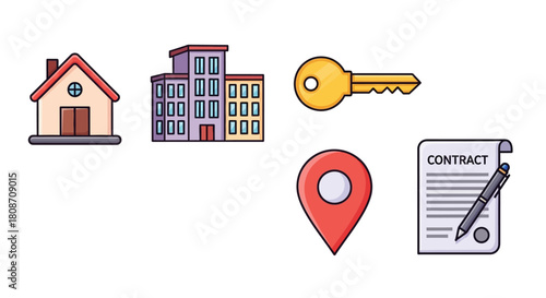 Gold 3D real estate icons symbolizing the secure investment and business concept of buying or selling a home, house, or property