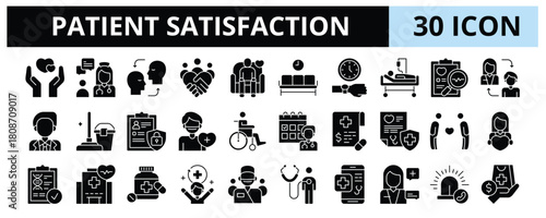 30 Patient Satisfaction Glyph Icons Vector - Care, Communication, Empathy, Trust, Treatment, Diagnosis, Follow Up, Professionalism, Health Service