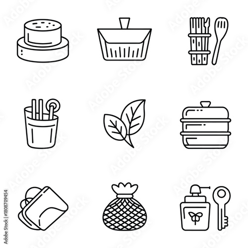 Spa and relaxation item icons set on white background soap dish basket