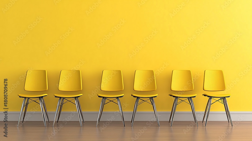 Obraz premium empty chairs against a solid color wall waiting for job candidates for job interviews. One chair has spotlight on it making it stand out from the rest