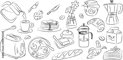 Breakfast food and drink line art collection for menu design and illustration.