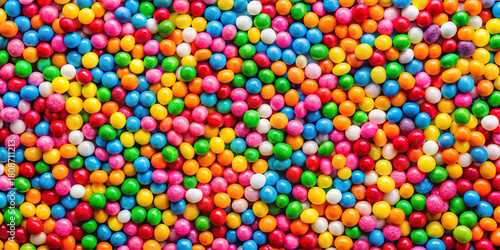 A variety of small, round candy beads in multiple colors scatter across a flat surface. The bright shades create a lively, festive atmosphere, perfect for sweet treats