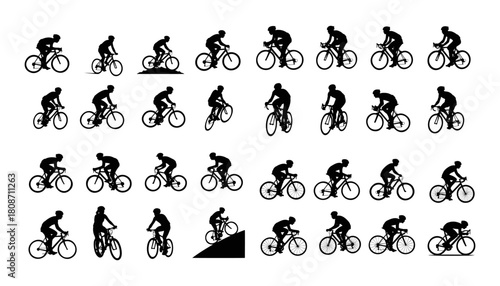 Collection of Cyclist Silhouettes in Various Poses and Actions.