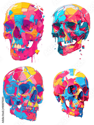 Vibrant abstract illustration of skulls created with bold splashes of bright colors and dynamic shapes. Modern expressive artwork blending graffiti style and contemporary pop art.