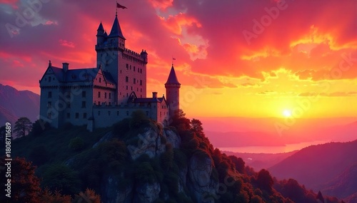 Wallpaper Mural Majestic Medieval Castle Silhouetted Against a Vibrant Sunset Sky, a Picturesque Scene of Historical Architecture and Natural Beauty. Torontodigital.ca