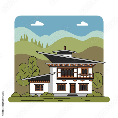 Bhutanese architecture illustration, showcasing traditional design elements