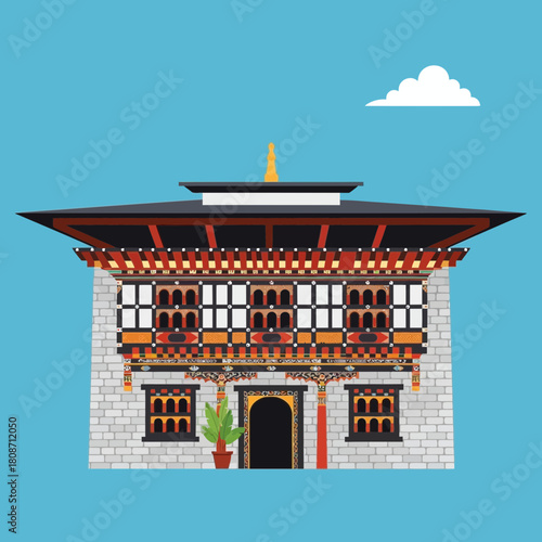 Architectural representation of a building with Bhutanese design elements