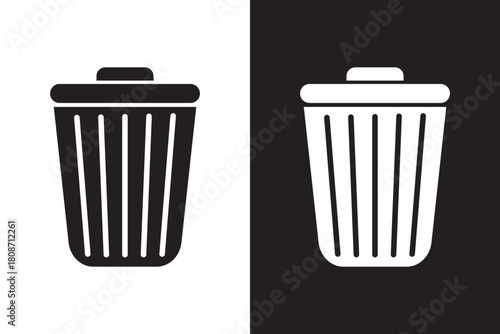 Trash bin or trash can symbol icon black and white background.