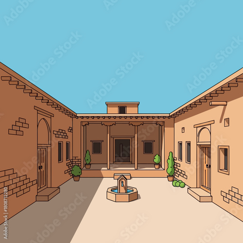 Illustration of a traditional adobe courtyard under a clear blue sky