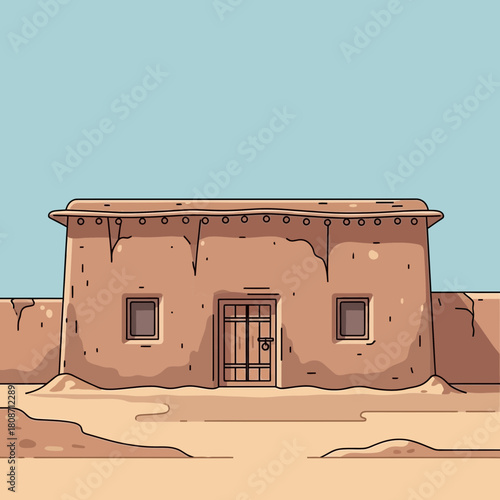 Illustration of a traditional mud house with barred door in a desert landscape