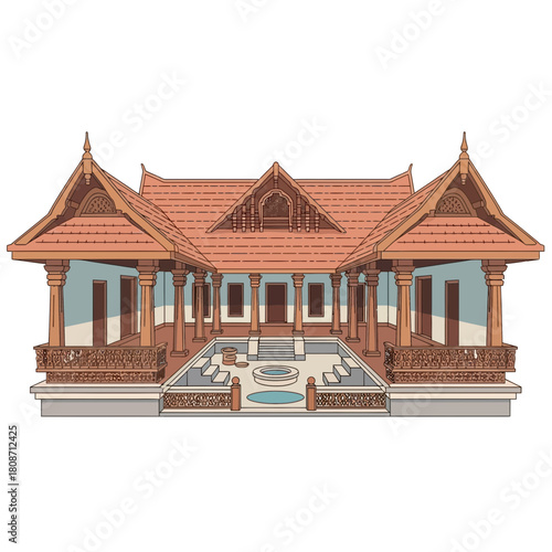 Illustration showcasing traditional Kerala architecture with inner courtyard