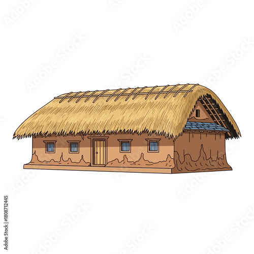 Illustrative depiction of a traditional mud house with a thatched roof design