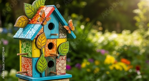 Colorful birdhouse with butterflies and leaves in a garden setting on a sunny day perfect for spring decor