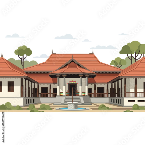 Serene depiction of traditional Kerala architecture amidst lush greenery