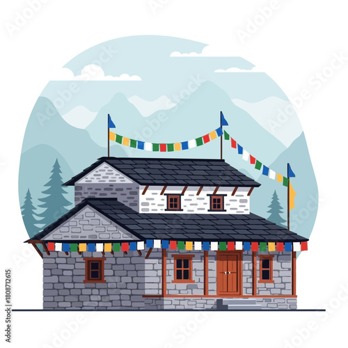 Serene Himalayan abode traditional architecture with prayer flags scenery