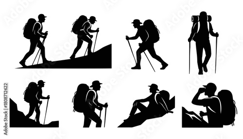 Silhouette Collection of Hikers in Various Poses on Mountain Tra