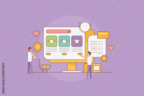 Intelligent ecommerce platform suggest products, automate billing and process secure payment, digital shopper with trolley, showcase purchase journey. 