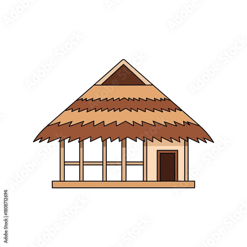 Simple Illustration of a Traditional Thatched Hut with Open Verandah