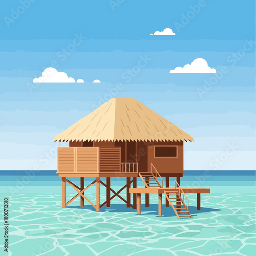 Stylized Overwater Bungalow Illustration in a Tropical Lagoon Setting