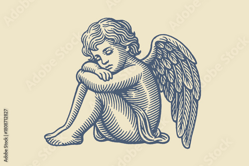 Sitting sad angel child engraving vintage illustration vector