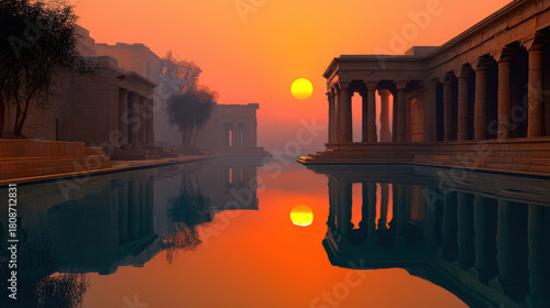 Stunning orange sky casts warm glow over Ganges, reflecting ancient architecture in tranquil waters